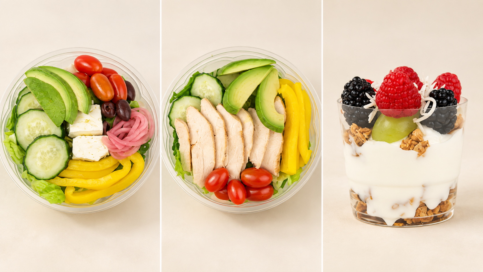Greek salad, chicken breast salad and yogurt cocktail